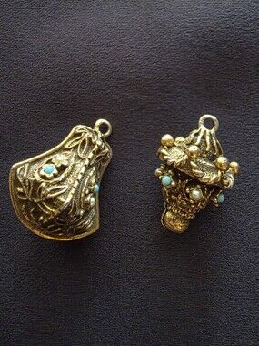 Florenza Gold Tone Bell & Lantern Pendant Charm Set Faux Turquoise Faux Pearl